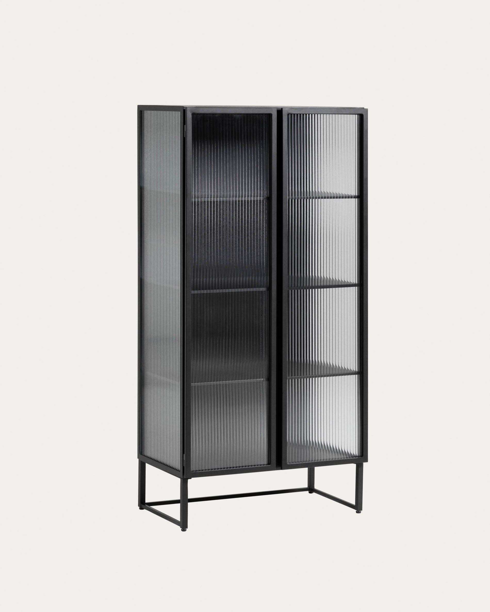 Elegante Trixie Vitrine aus Stahl mit schwarzem Finish, 70x143 cm, ideal für Bücher und Deko im Industrial Design.