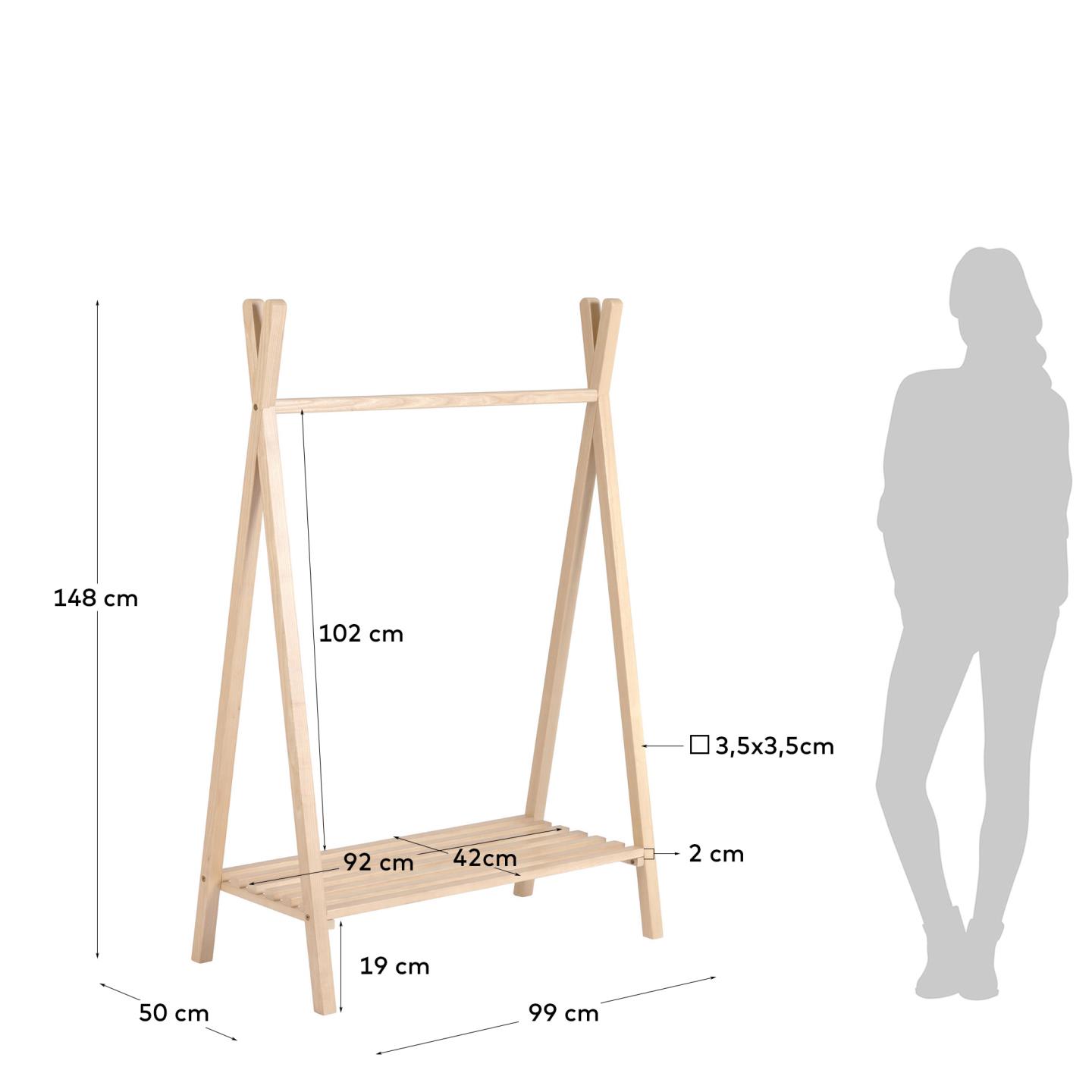 Der Maralis Tipi-Kleiderständer aus massivem Buchenholz (148 x 50 cm) ist ein elegantes Möbelstück, das Ordnung und Kreativität im Kinderzimmer fördert.