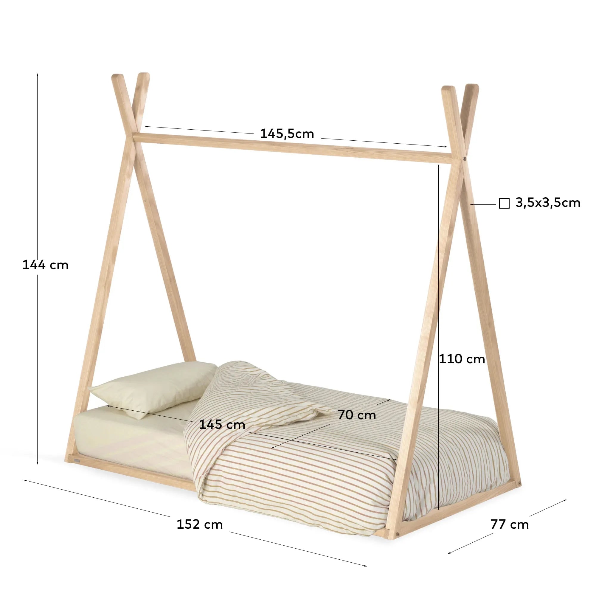 Einzigartiges Tipi-Bett aus massiver Buche, inspiriert von Indianer-Tipis, für kreative Kinderträume.