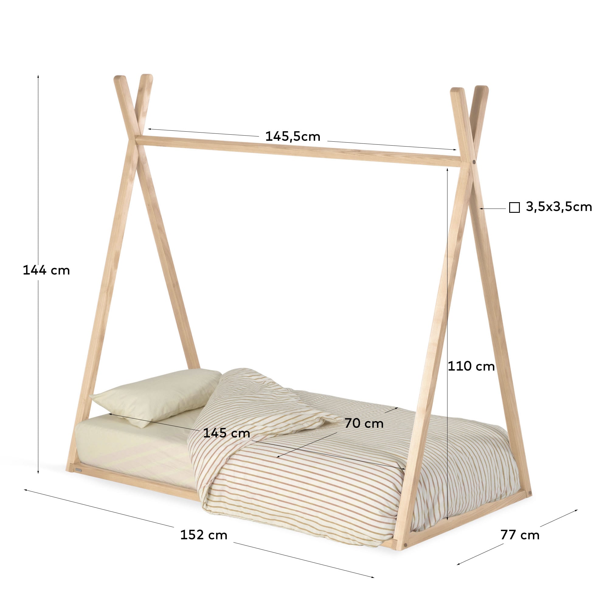 Tipi-Bett Maralis aus massiver Buche, 70x140 cm, mit natürlichem Finish. Perfekt für Kinderzimmer, stabil, stilvoll und funktional.