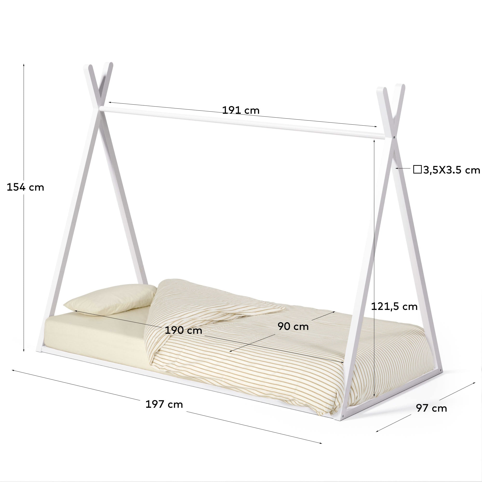 Einzigartiges Tipi-Bett aus massiver Buche, inspiriert von Abenteuern, mit weißem Finish für kreative Kinderträume.