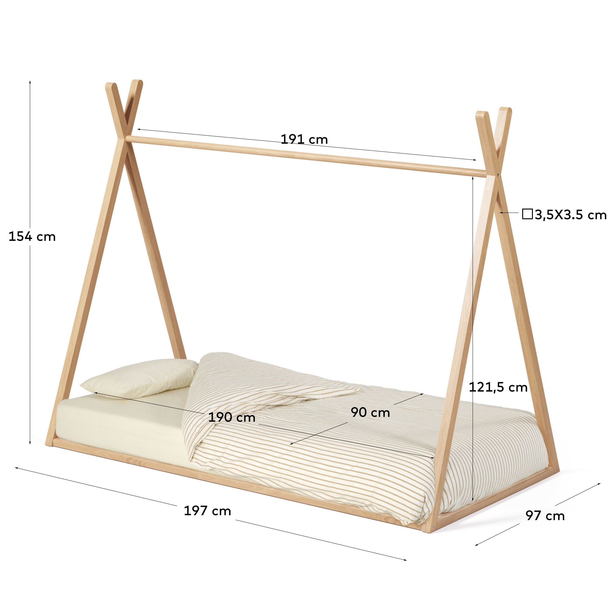 Tipi-Bett Maralis aus massiver Buche, naturbelassen, für 90x190 cm Matratzen. Ideal für ein stilvolles Kinderzimmer.