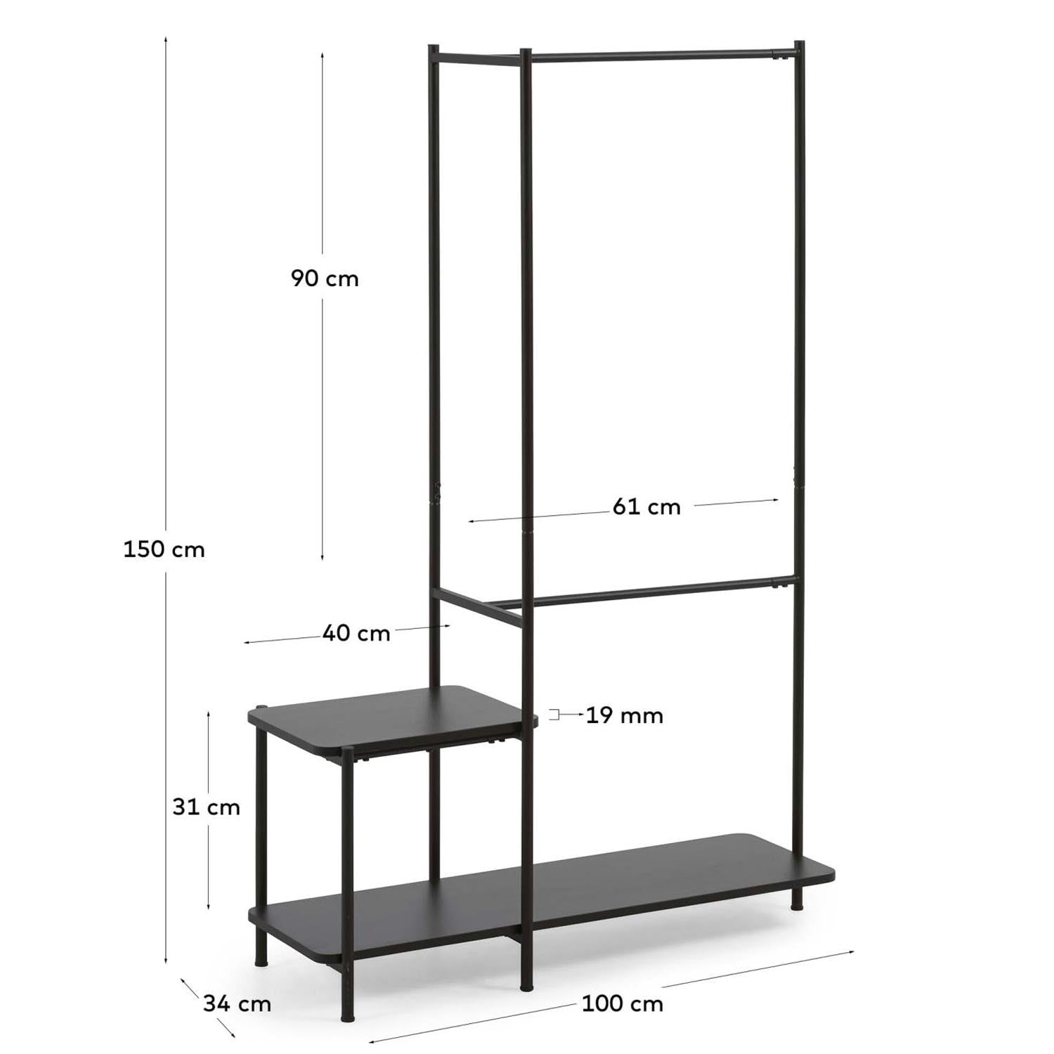 Galatia Wand-Kleiderständer mit Bank aus Melamin und Metall schwarzes Finish 100 x 150 cm in Schwarz präsentiert im Onlineshop von KAQTU Design AG. Garderobe ist von Kave Home