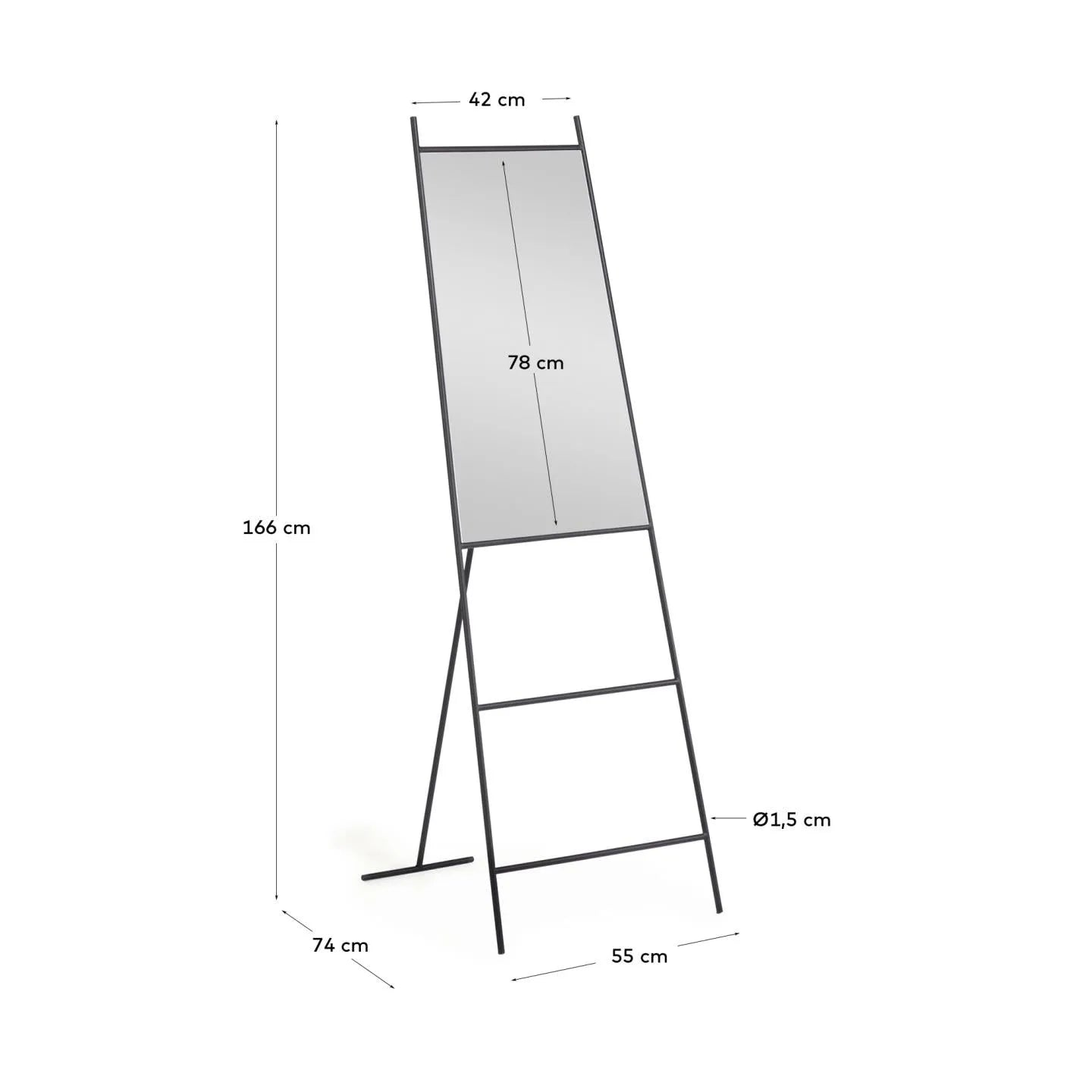 Eleganter Ganzkörperspiegel mit schwarzem Metallrahmen, 55x166 cm, vereint Funktionalität und Stil mit integrierten Kleiderbügeln.