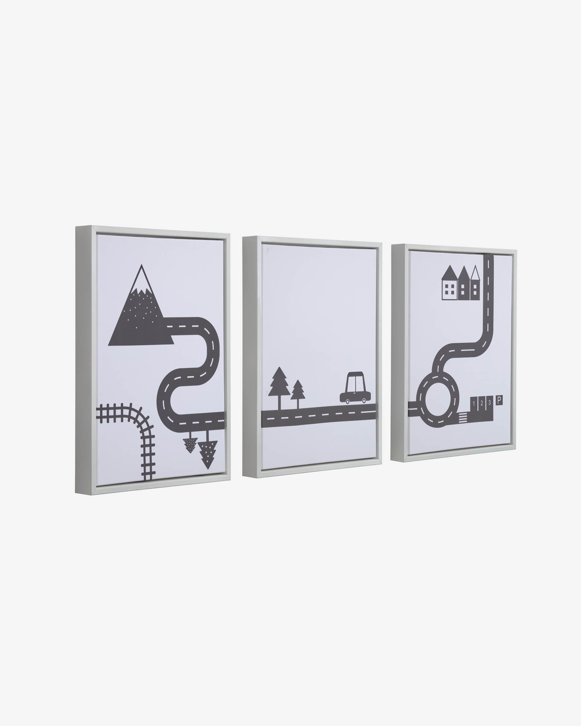 Elegantes Nisi Set: 3 weisse Holzbilder mit schwarzen Autos, ideal für kreative Kinderzimmer.