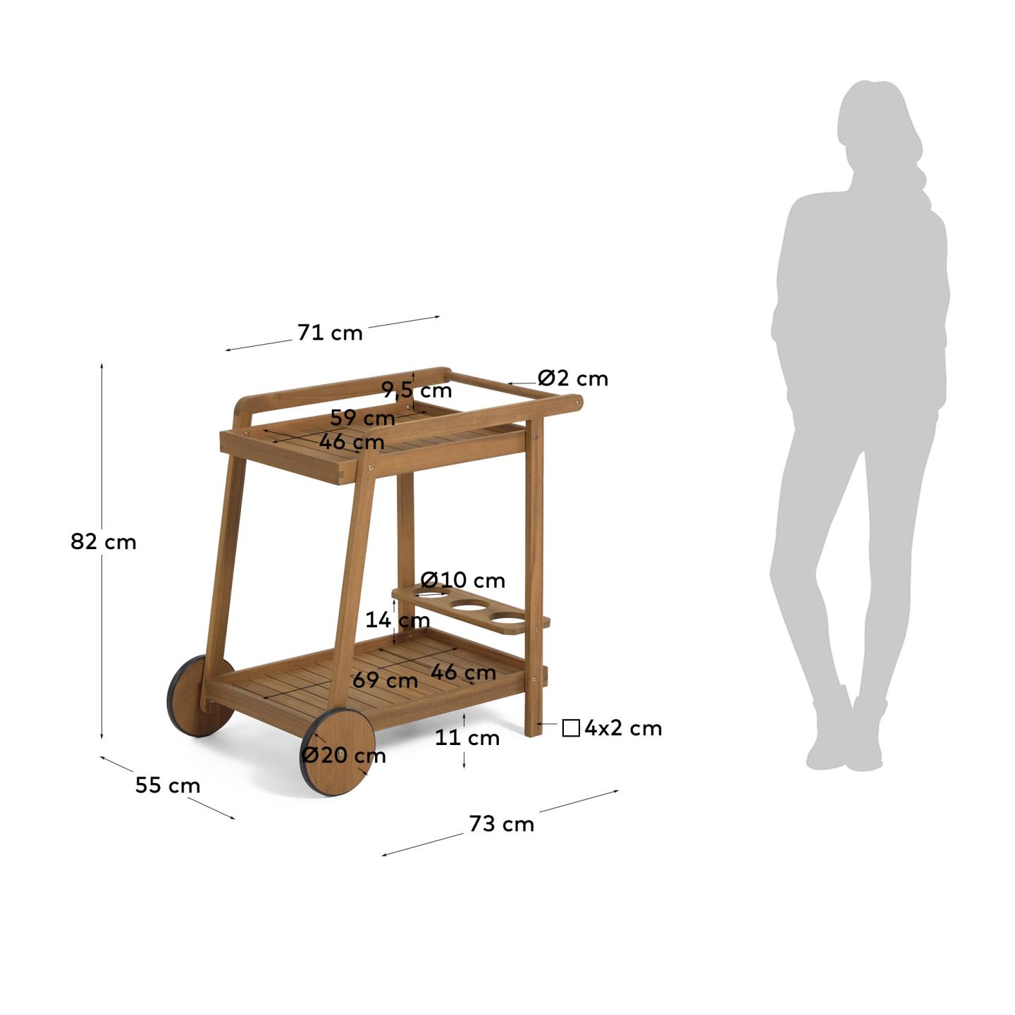 Eleganter Serviertisch aus Akazienholz, mobil dank Rädern, ideal für stilvolles Outdoor-Dining. FSC-zertifiziert, umweltfreundlich.