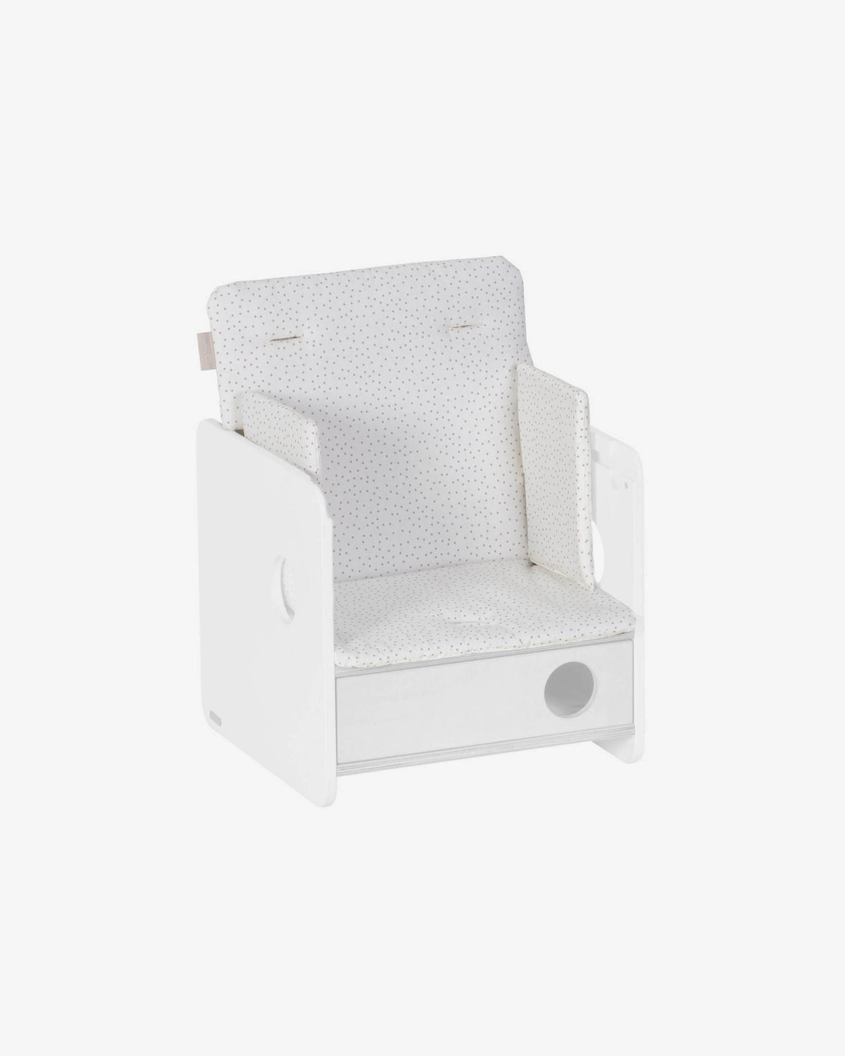 Nuun Hochstuhl Kissen, 100% (GOTS) Bio-Baumwolle, rosa Punkte in Weiss präsentiert im Onlineshop von KAQTU Design AG. Stuhl ist von Kave Home