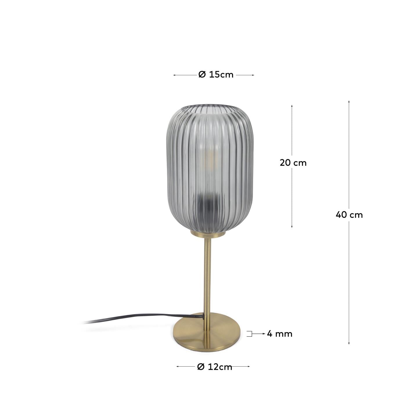 Die Hestia Tischlampe kombiniert Metall mit Messing-Finish und grauem Glas für einen stilvollen, modernen Look in jedem Raum.