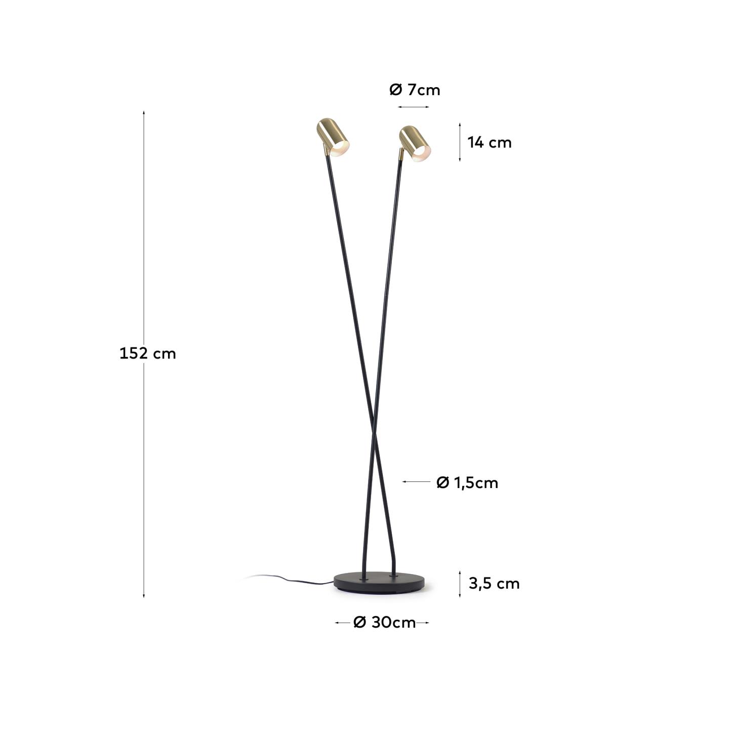 Die Clemence Stehlampe von Kave Home vereint robustes schwarzes Metall mit luxuriösen goldenen Schirmen und schafft eine einladende Atmosphäre.