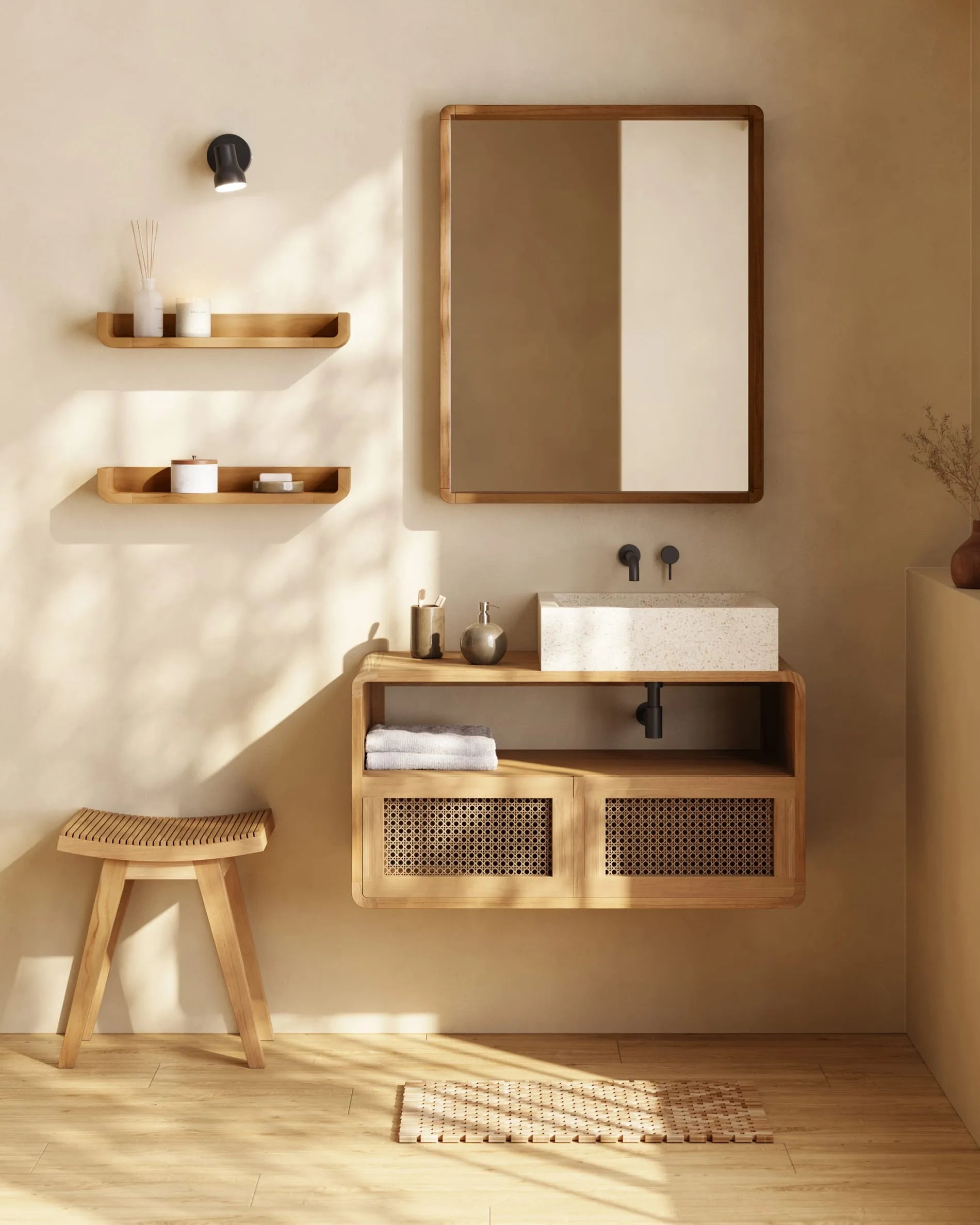 Das Shamel Regalset aus Teakholz (50x5 cm) von Kave Home kombiniert Eleganz und Funktionalität für Ihre Wohnraumgestaltung.
