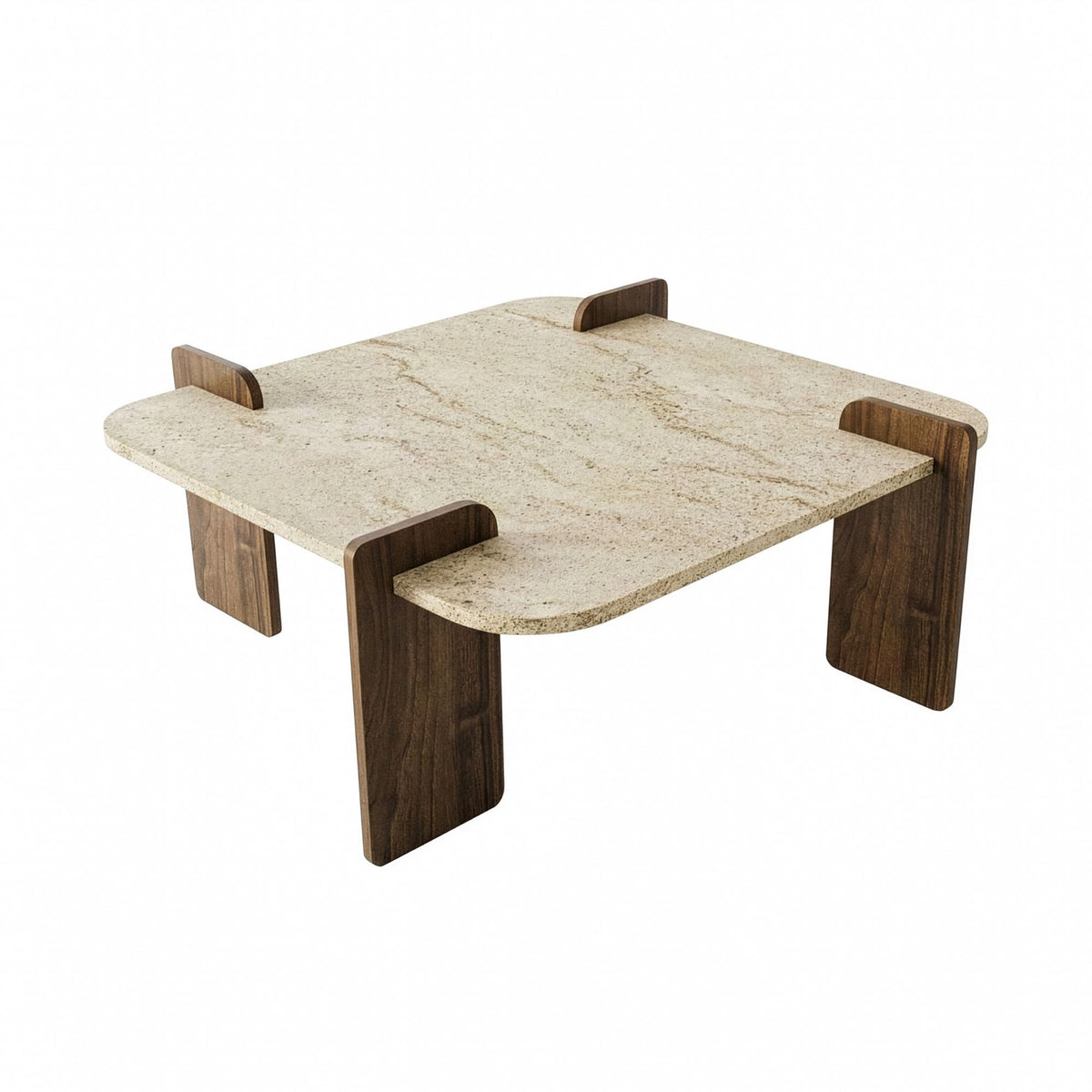 Couchtisch Afrolli von Hanah Home mit Platte in Travertin-Optik und Gestell in Nussbaum-Optik, quadratische Form, niedrige Höhe.