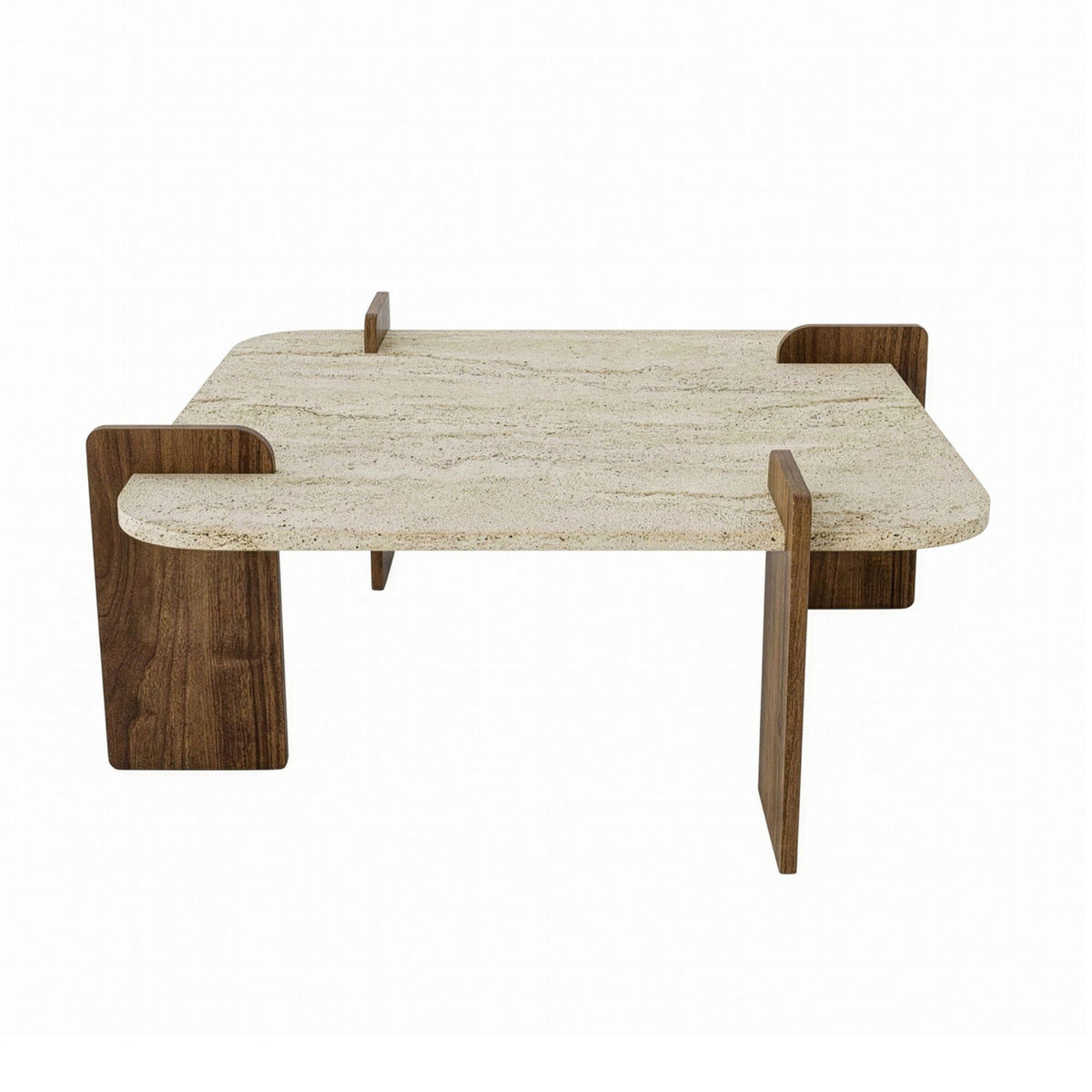 Couchtisch Afrolli von Hanah Home mit Platte in Travertin-Optik und Gestell in Nussbaum-Optik, quadratische Form, niedrige Höhe.
