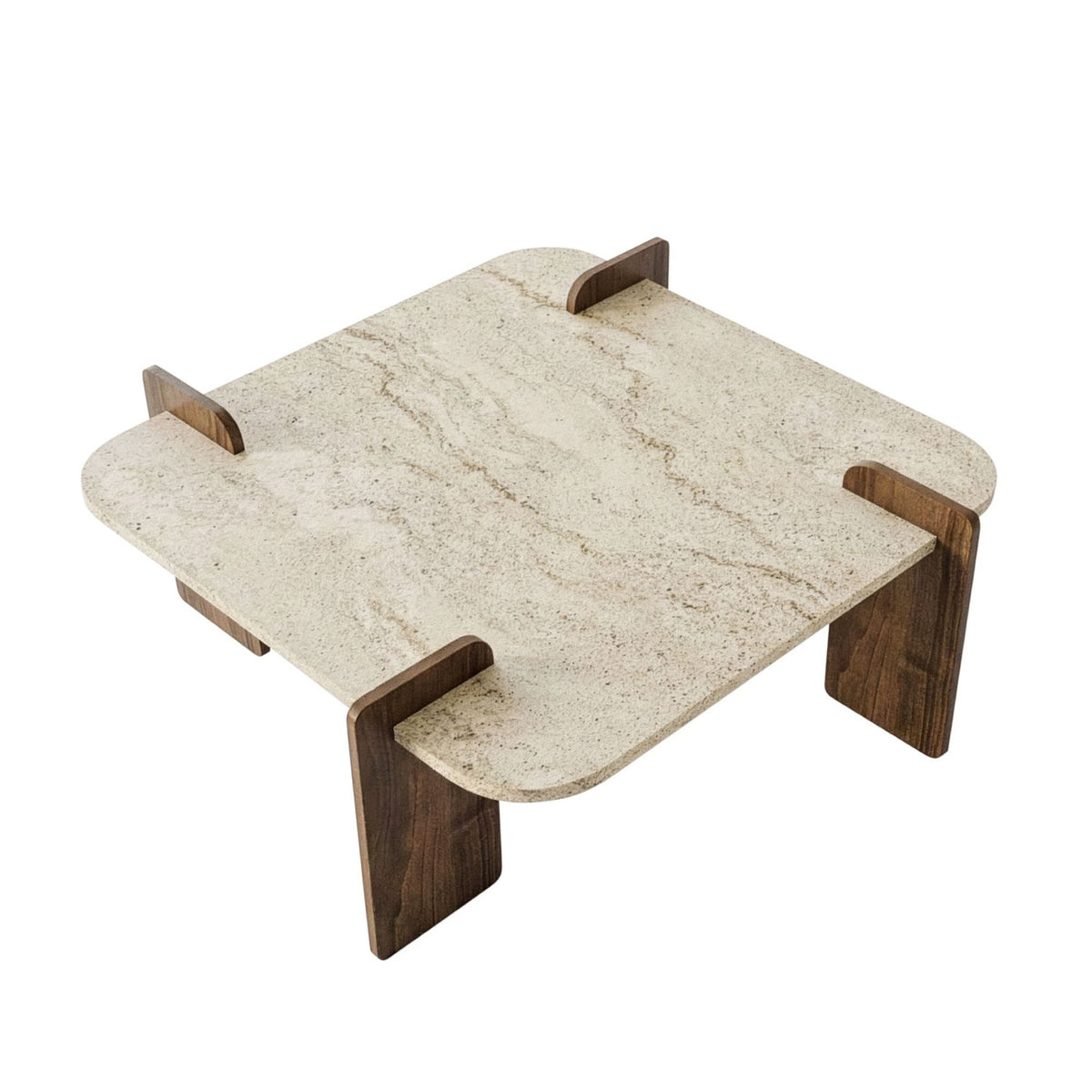 Couchtisch Afrolli von Hanah Home mit Platte in Travertin-Optik und Gestell in Nussbaum-Optik, quadratische Form, niedrige Höhe.