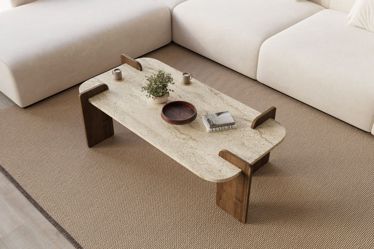 Rechteckiger Couchtisch mit Oberfläche in Travertin-Optik und Gestell in Nussbaum-Optik, Melaminbeschichtung, Masse 120x60x35 cm