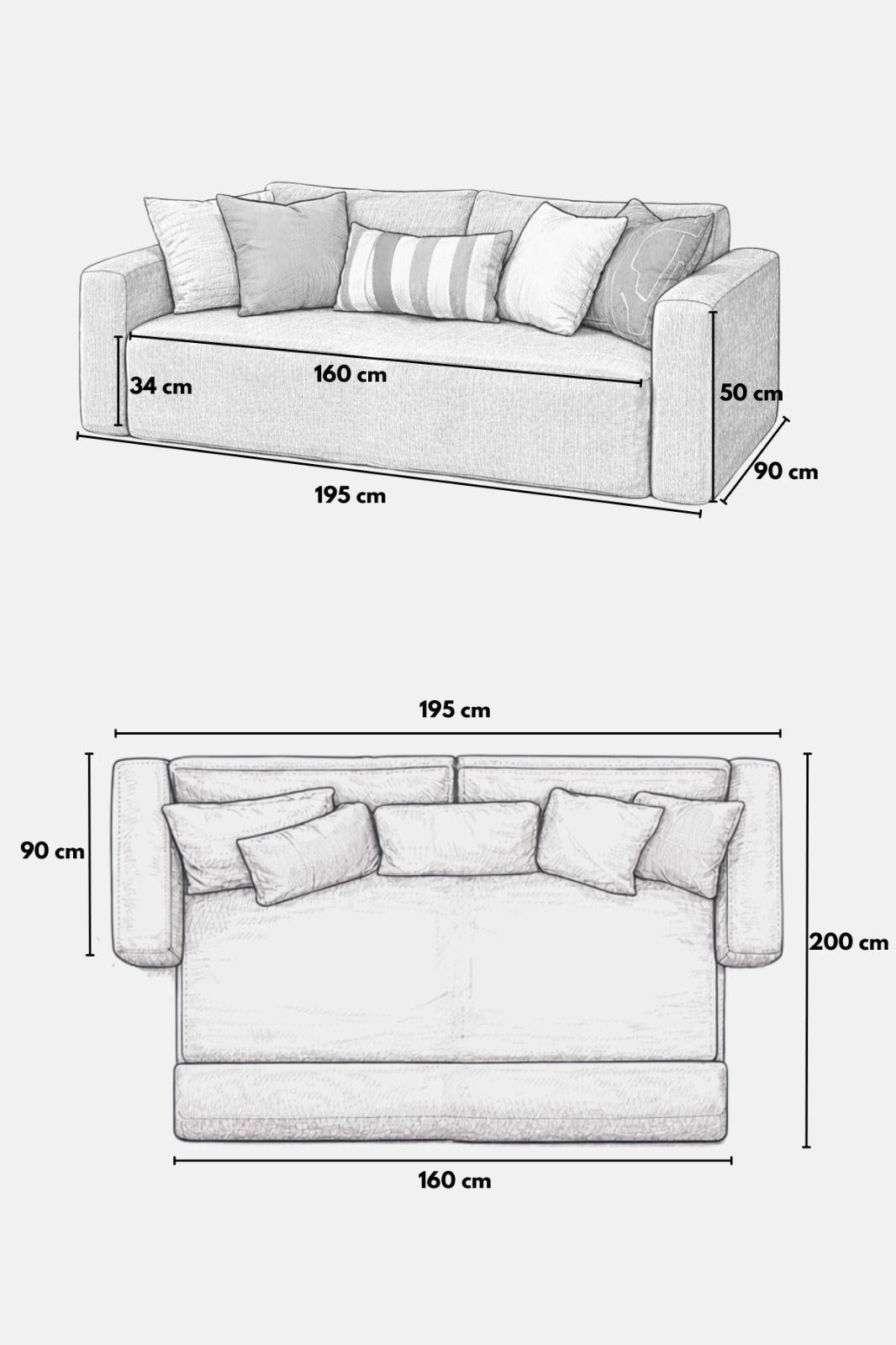 Cremefarbenes 2-Sitzer Schlafsofa Wello aus Bouclé-Stoff mit Armlehnen, gezeigt in aufgeklappter und geschlossener Sofa-Position.