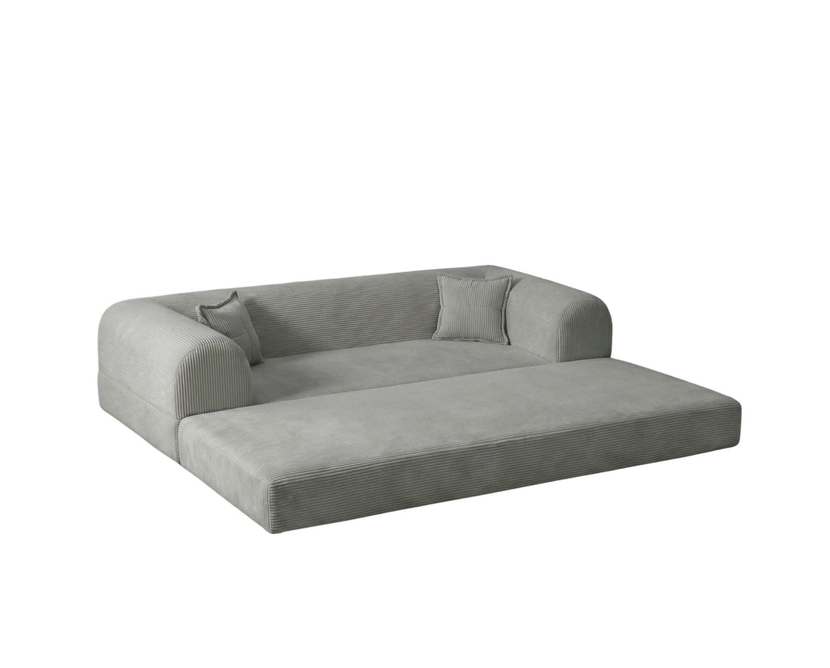 Hellgraues 3-Sitzer Schlafsofa aus geripptem Cord-Plüschstoff mit zwei Kissen, Rollpack-Design und rutschfester Sohle.