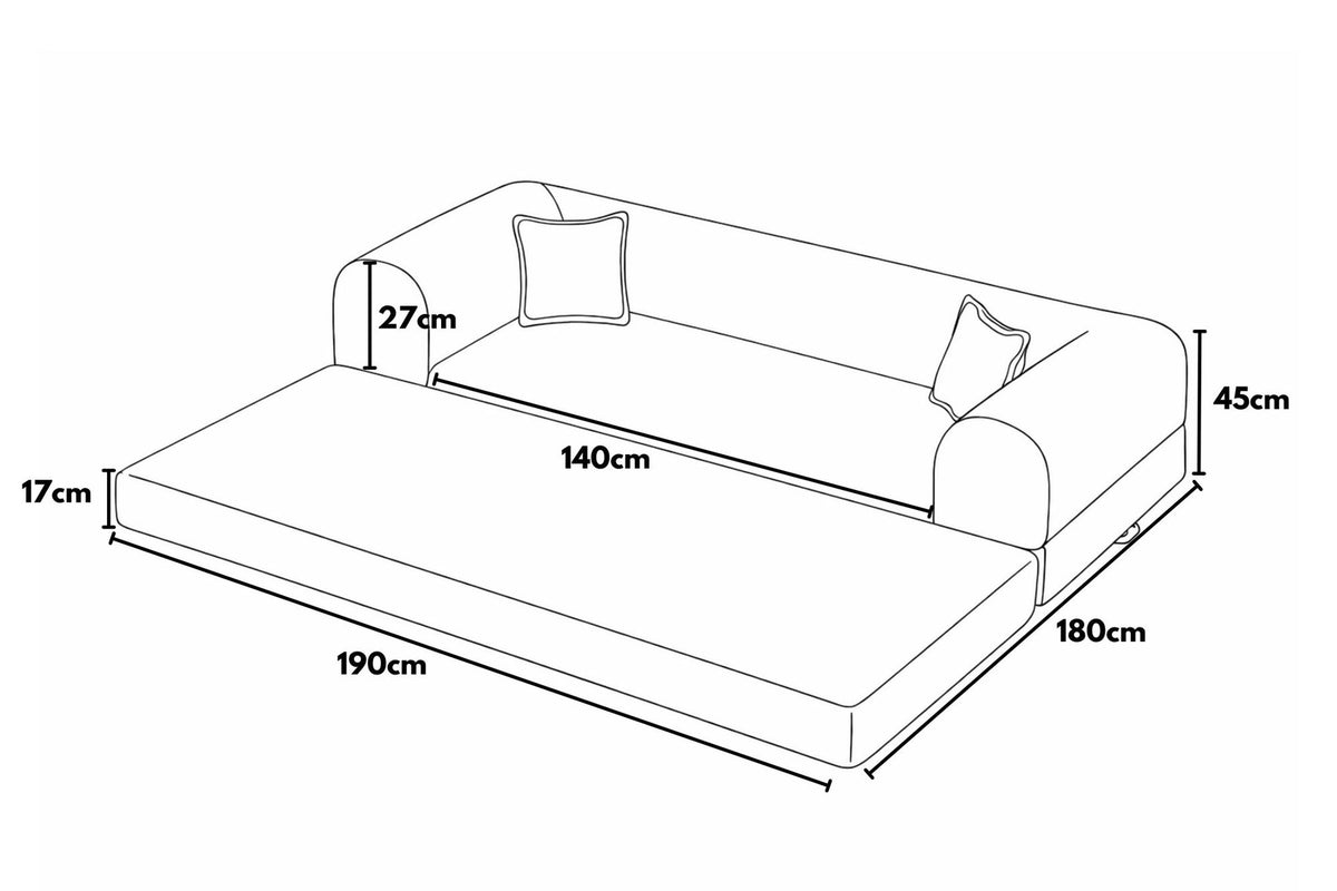 Anthrazitfarbenes 3-Sitzer Schlafsofa aus geripptem Cord-Plüschstoff mit zwei Kissen und sichtbarer rutschfester Sohle.