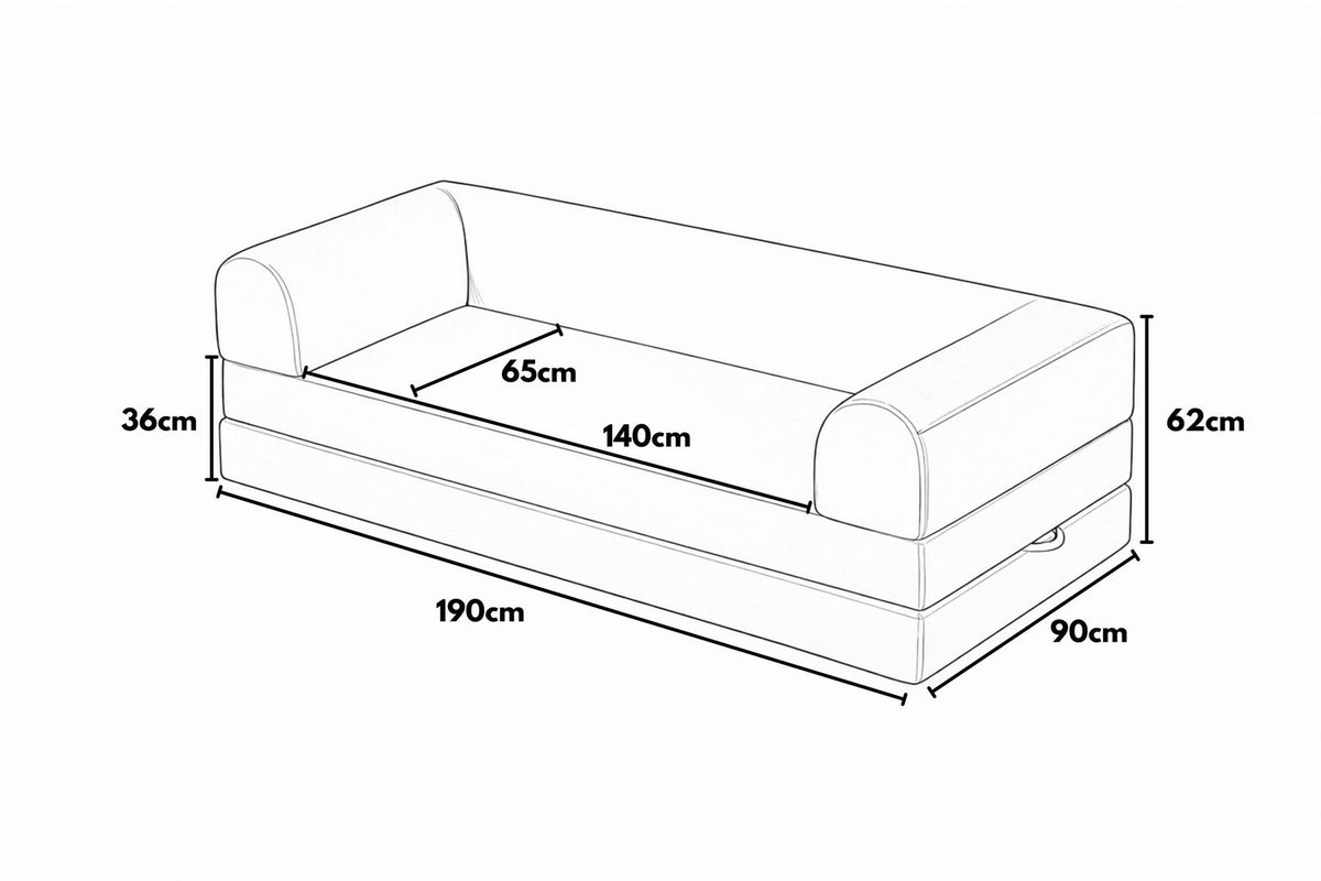 Rosafarbenes 3-Sitzer Schlafsofa aus geripptem Cord-Plüschstoff mit zwei Kissen und rutschfester Sohle, Frontalansicht auf hellem Hintergrund.