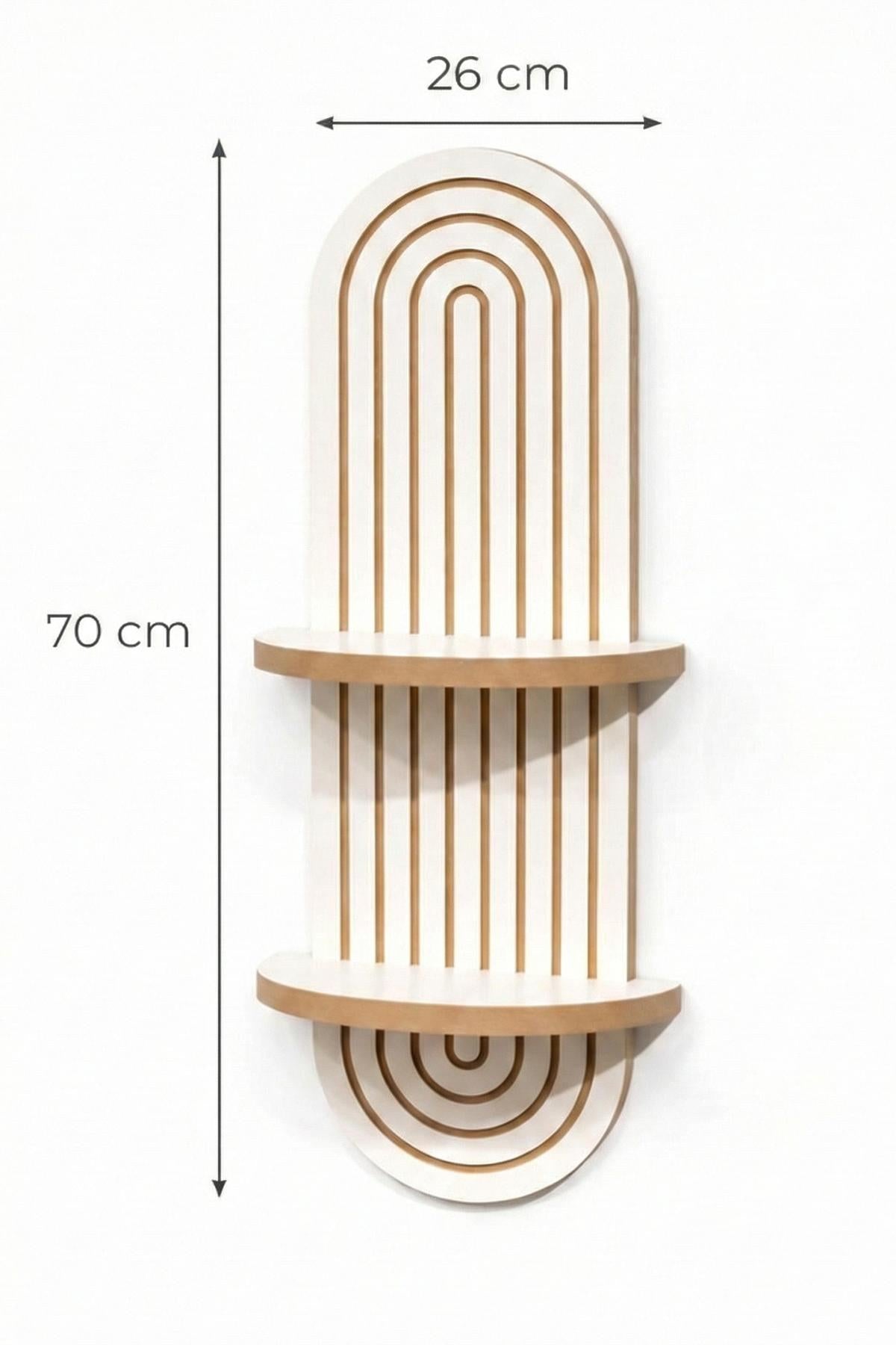 Weisses Wandregal aus MDF mit klaren Linien und geometrischer Form, Masse 26 x 13 x 70 cm, an einer hellen Wand montiert.