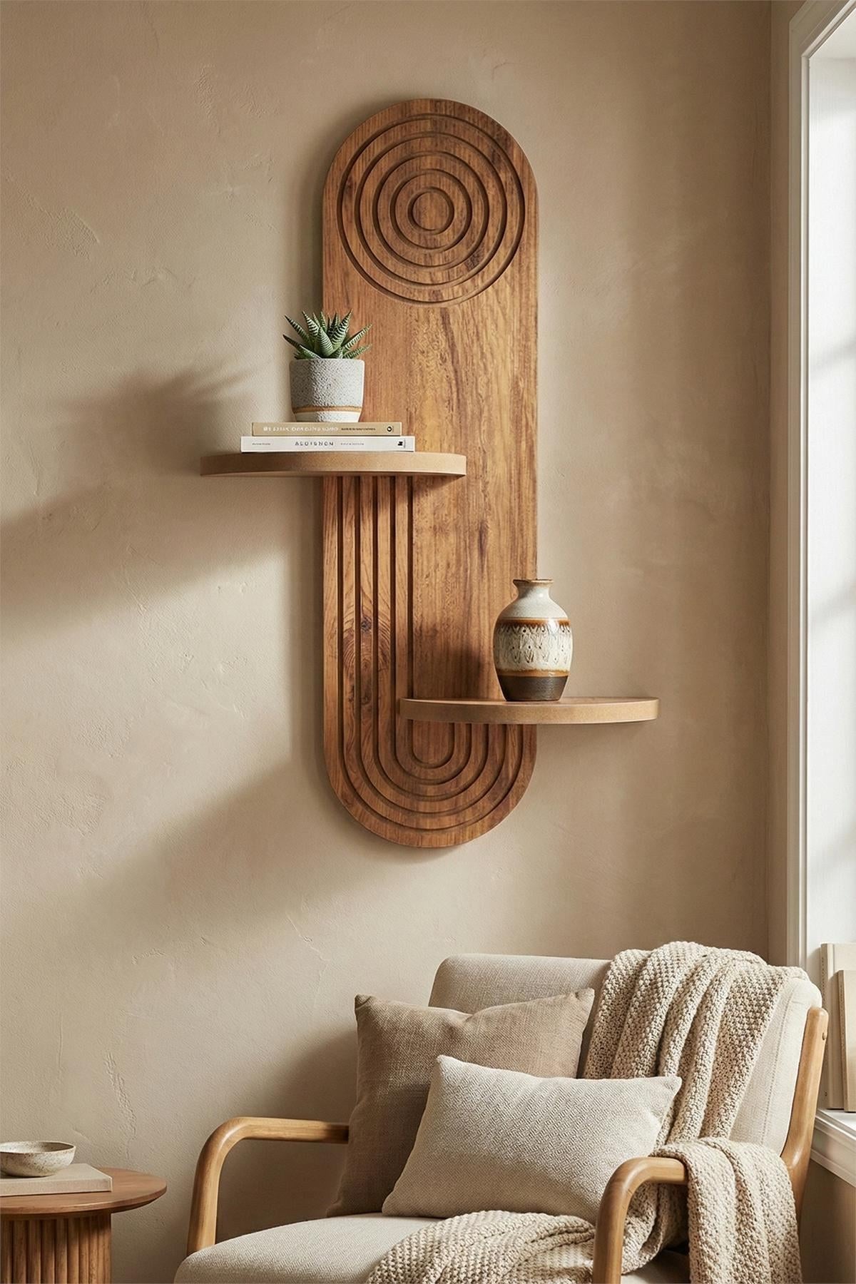 Wandregal Artmtkwll3 in Eiche von Hanah Home, MDF-Material, geometrische Form, montiert an einer weissen Wand.