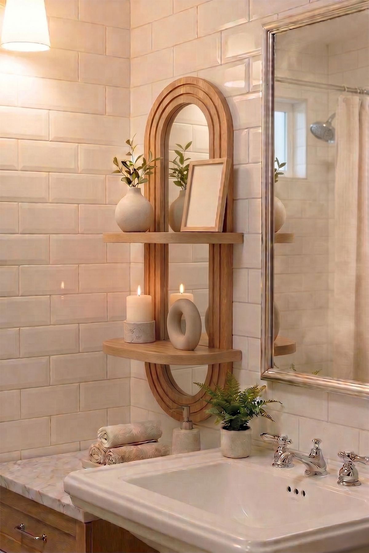 Wandregal aus MDF in Eiche-Optik, schlankes rechteckiges Design, Masse 26x13x70 cm, Hersteller Hanah Home, an Wand montiert.