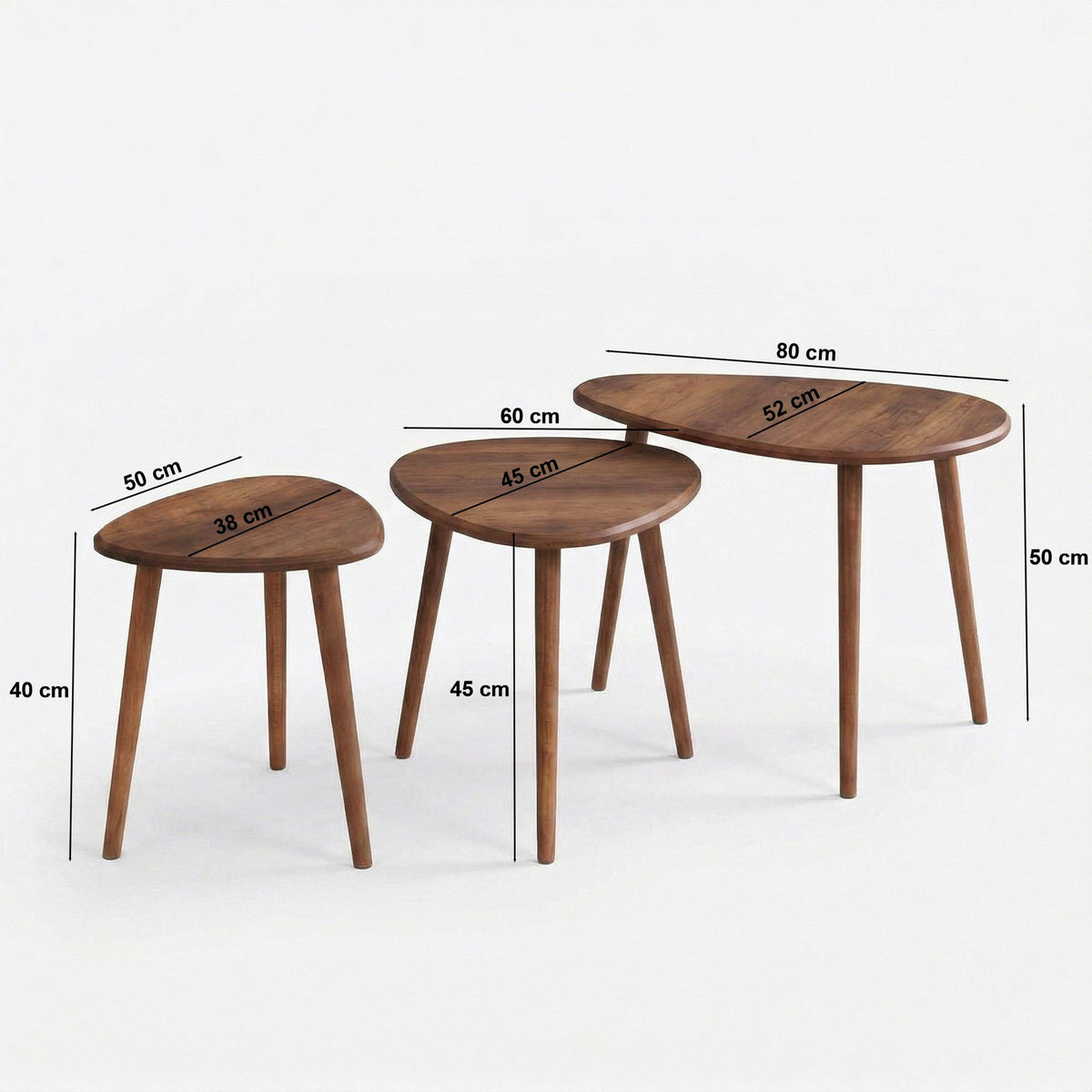 Couchtisch-Set Alvin in Nussbaumfarbe aus MDF mit drei unterschiedlich grossen Tischen und Holzbeinen in Pinotex-Beschichtung.