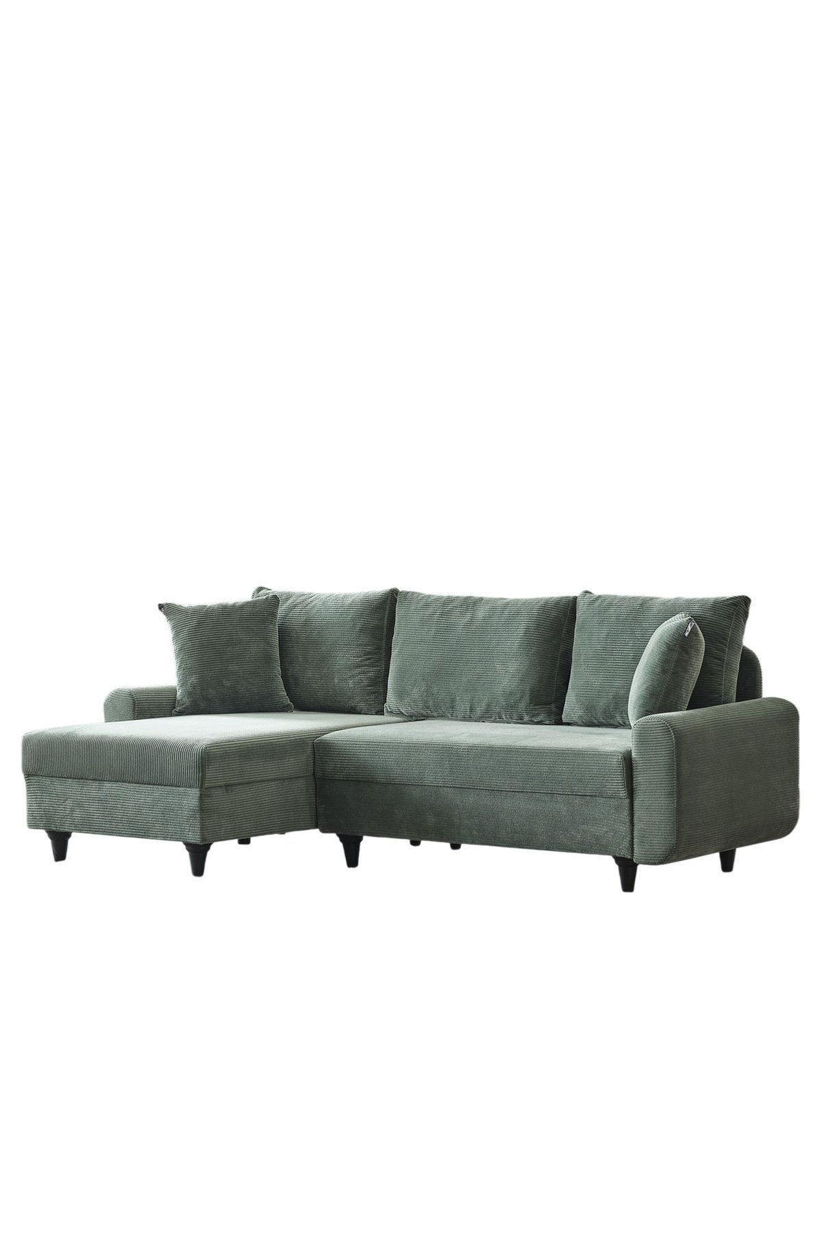 Grünes Flavia Ecksofa von Hanah Home mit Polyester-Bezug in Leinenstruktur, Metallgestell und Kunststoffbeinen, Eckform.