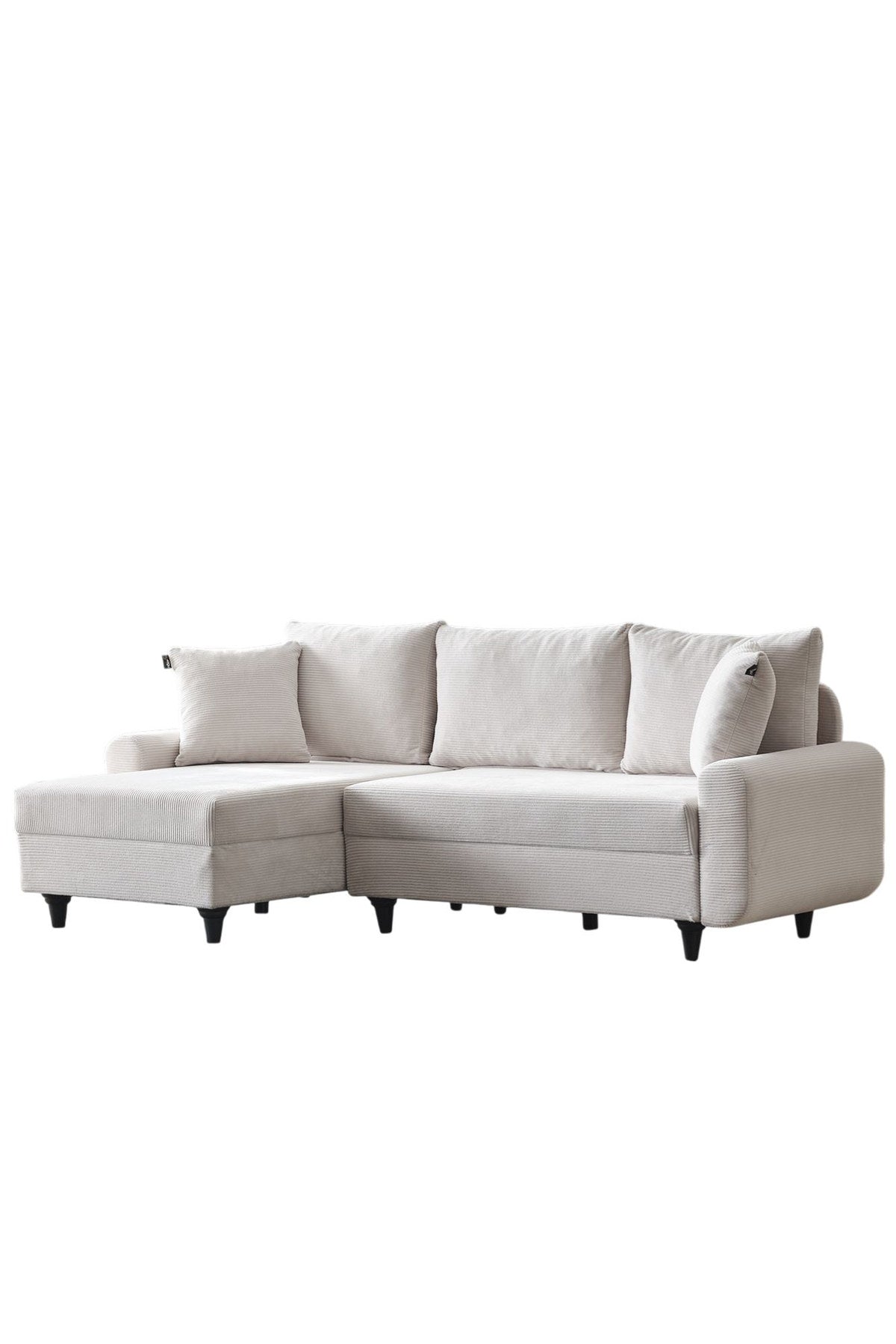 Weisses Ecksofa Flavia von Hanah Home mit Polyesterbezug in Leinenstruktur, Metallgestell und Kunststoffbeinen, fotografiert freistehend.