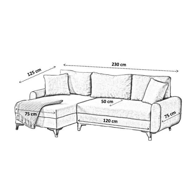 Marineblaues Ecksofa Flavia von Hanah Home mit Metallgestell, Polyesterbezug in Leinenstruktur und Kunststoffbeinen im Wohnraum.