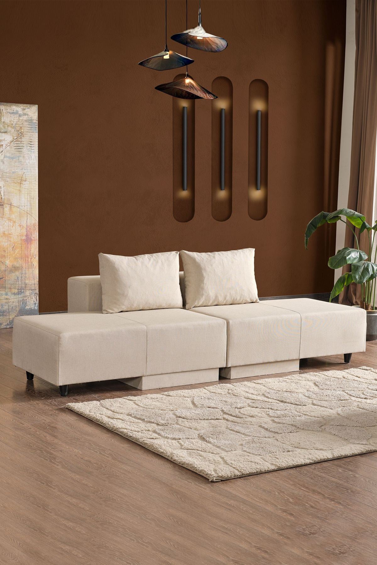 Beiges Ecksofa Poly M von Hanah Home mit Leinenstruktur-Stoffbezug und Metallgestell, Sitzhöhe 42 cm, modernes schlichtes Design.