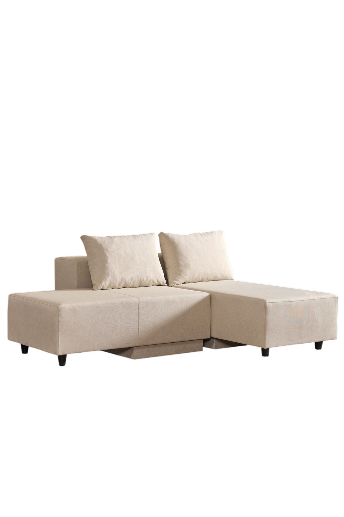 Beiges Ecksofa Poly M von Hanah Home mit Leinenstruktur-Stoffbezug und Metallgestell, Sitzhöhe 42 cm, modernes schlichtes Design.
