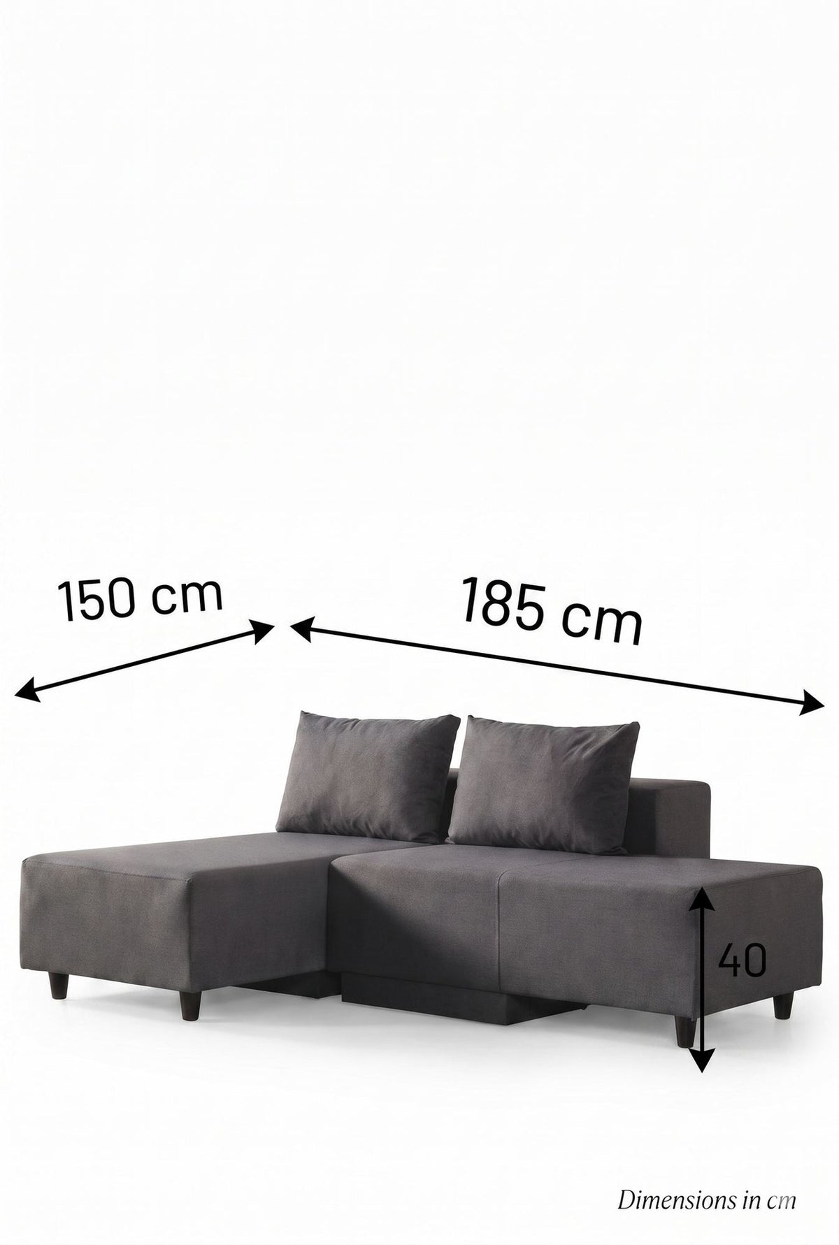 Dunkelgraues Eckschlafsofa Poly M von Hanah Home mit Metallgestell und Polyesterbezug in Leinenstruktur, klassische Ecksofa-Form mit Sitz- und Rückenkissen.