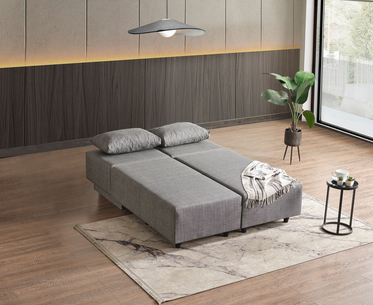 Graues Eckschlafsofa Poly M von Hanah Home mit Metallgestell und Polyesterbezug in Leinenstruktur, Eckform, 180x150 cm.