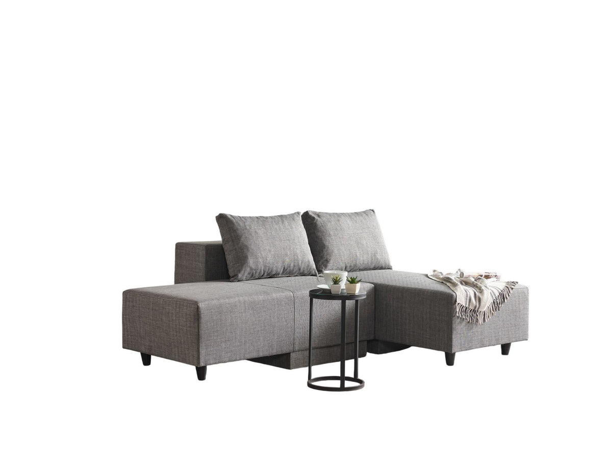 Graues Eckschlafsofa Poly M von Hanah Home mit Metallgestell und Polyesterbezug in Leinenstruktur, Eckform, 180x150 cm.