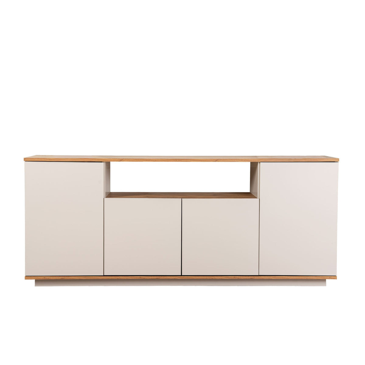 Konsole mit zwei Türen in Kaschmir und Atlantik-Kiefer-Optik, melaminbeschichtete Spanplatte, schlankes rechteckiges Design mit vier Beinen.