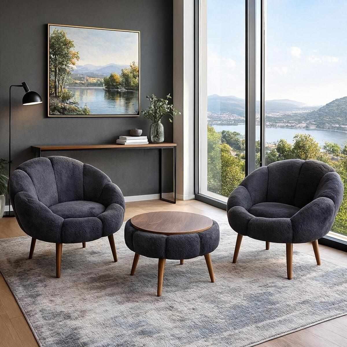 Zwei anthrazitfarbene Ohrensessel mit Leinenbezug und Eschenholzbeinen sowie ein runder Couchtisch aus Melaminspanplatte, Set von Hanah Home