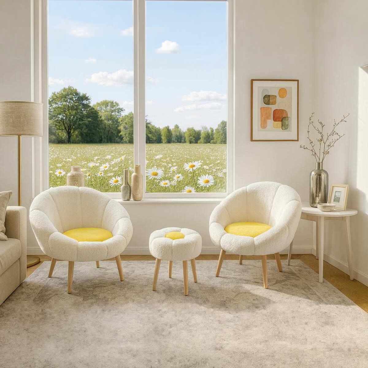 Zwei Ohrensessel und ein runder Pouf in Weiss/Gelb mit Wellsoft-Stoffbezug und Beinen aus Esche auf hellem Hintergrund.
