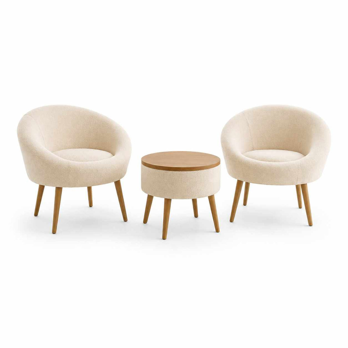 Zwei cremefarbene Ohrensessel aus Leinenstoff mit Eschenholzbeinen und runder Couchtisch aus melaminbeschichteter Spanplatte, Set von Hanah Home