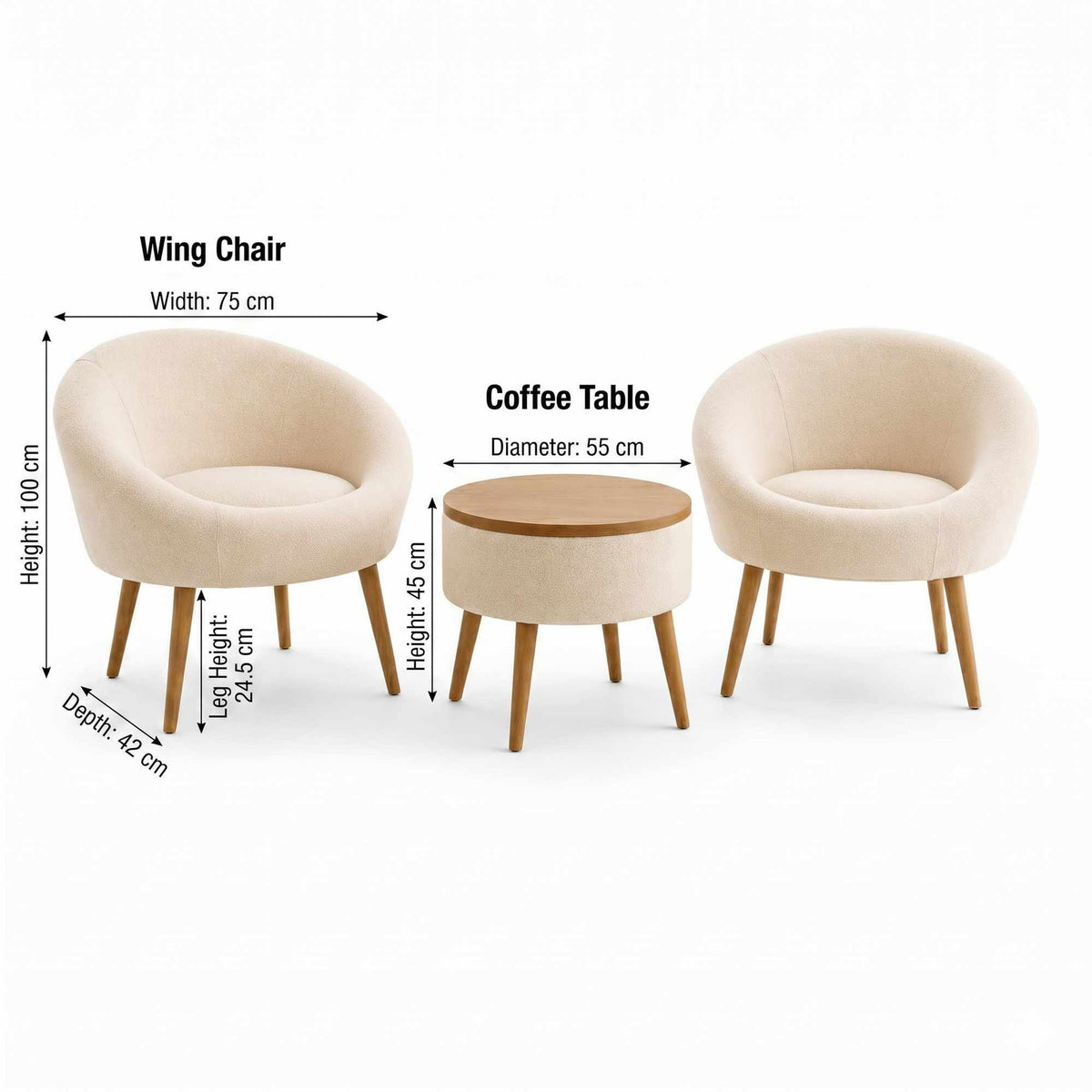 Zwei cremefarbene Ohrensessel aus Leinenstoff mit Eschenholzbeinen und runder Couchtisch aus melaminbeschichteter Spanplatte, Set von Hanah Home