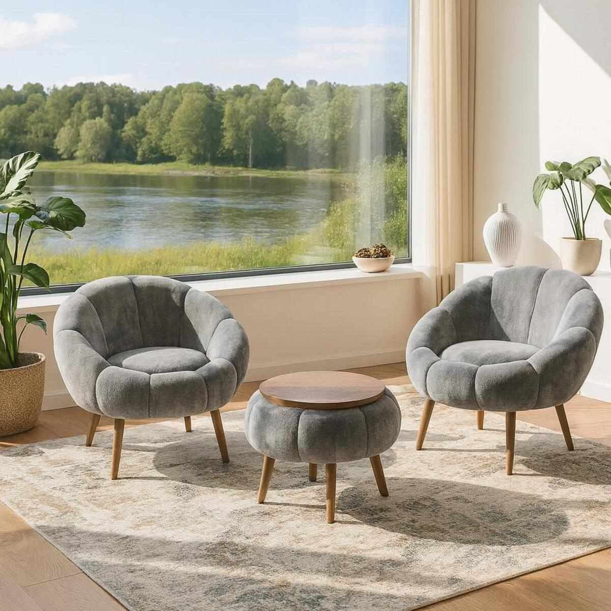 Zwei graue Ohrensessel mit Leinenbezug und Eschenholzbeinen sowie ein runder Couchtisch aus melaminbeschichteter Spanplatte, 3-teiliges Set.