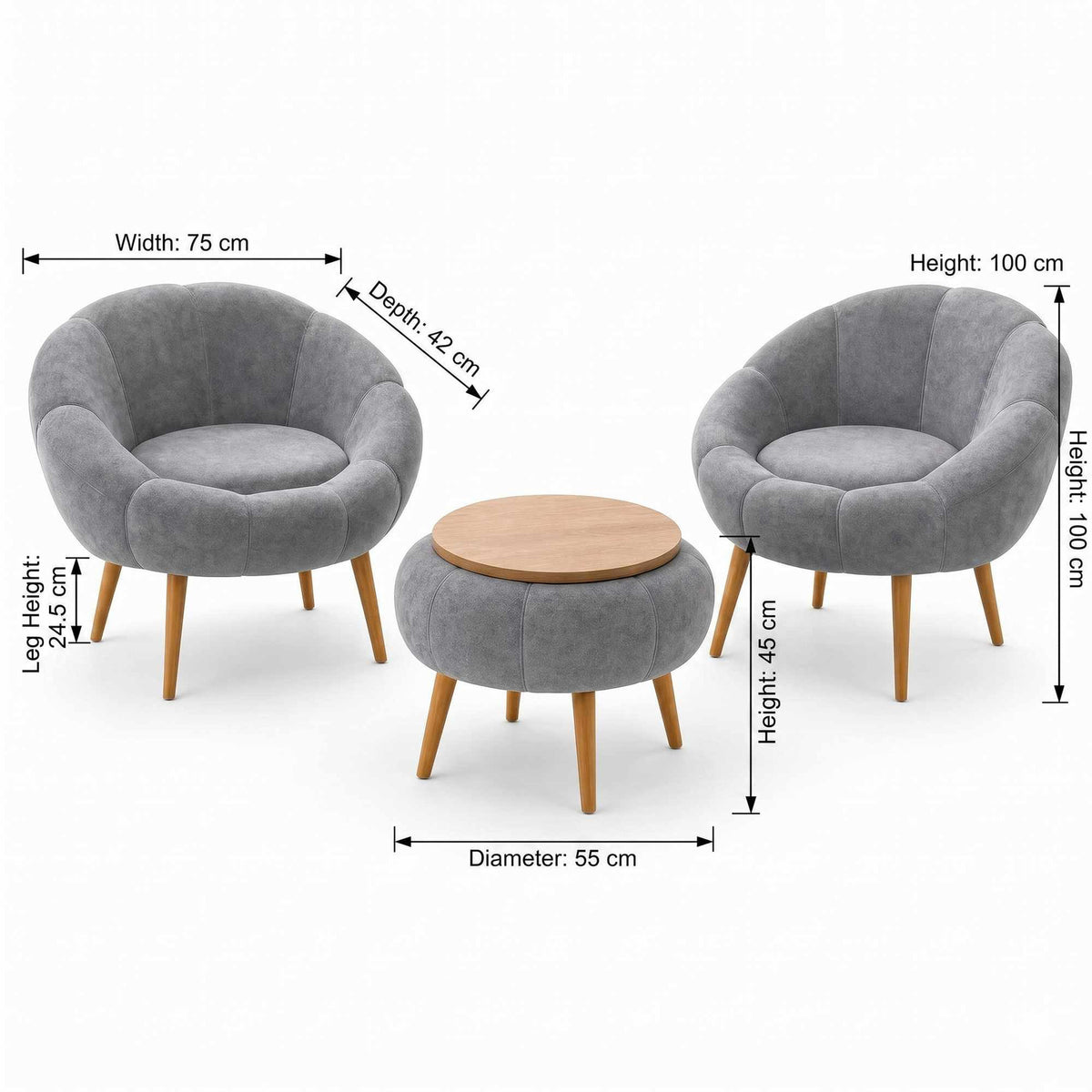 Zwei graue Ohrensessel mit Leinenbezug und Eschenholzbeinen sowie ein runder Couchtisch aus melaminbeschichteter Spanplatte, 3-teiliges Set.