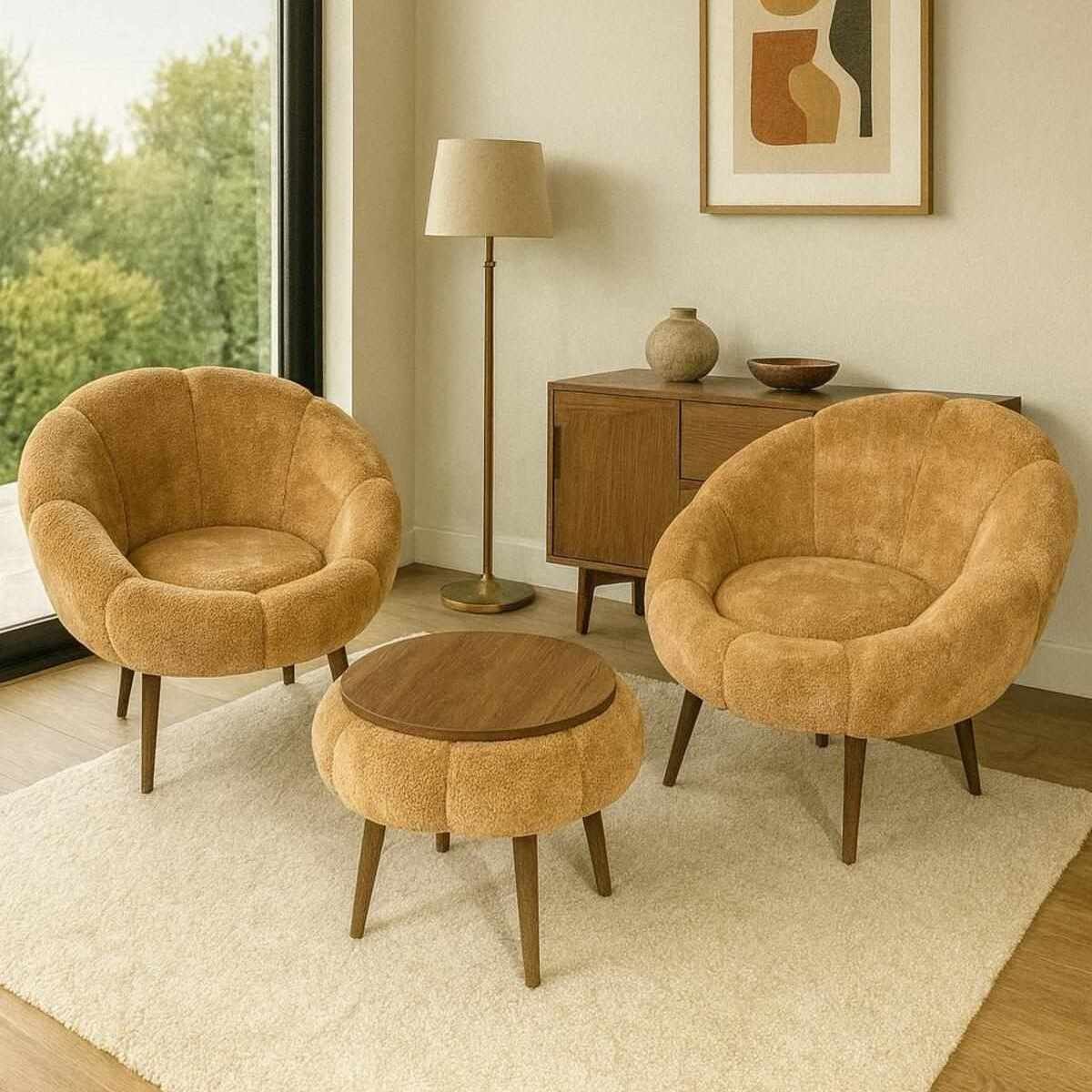 Braunes Ohrensessel-Set aus Hanah Home mit Leinenbezug, Eschenholzbeinen und rundem Couchtisch aus melaminbeschichteter Spanplatte.