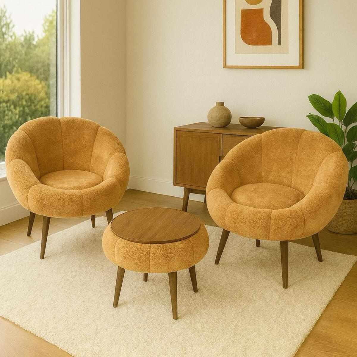 Braunes Ohrensessel-Set aus Hanah Home mit Leinenbezug, Eschenholzbeinen und rundem Couchtisch aus melaminbeschichteter Spanplatte.