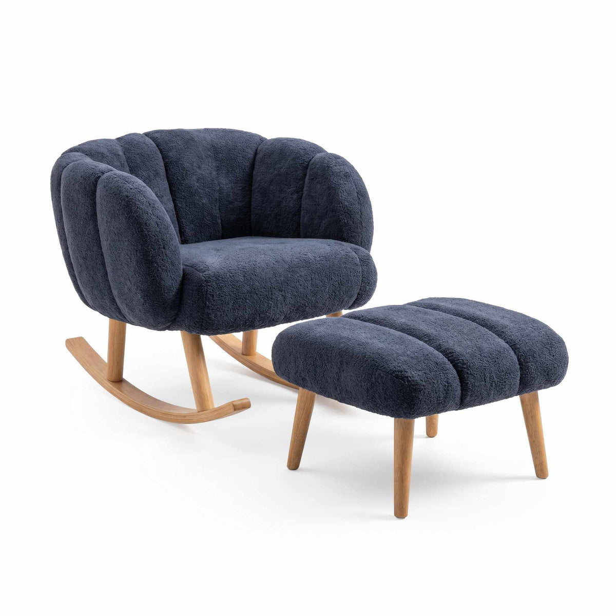 Anthrazitfarbenes Ohrensessel-Set mit Pouf, Wellsoft-Bezug und Beinen aus Eschenholz, Flügeldesign mit gepolsterter Rückenlehne.