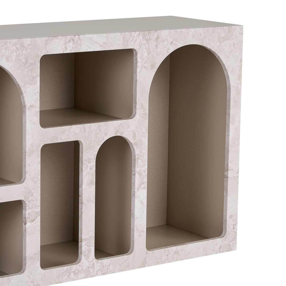 Konsolentisch Vian 120 von Nordure mit Front in Travertin-Marmor- und Sandstein-Optik, Korpus aus melaminbeschichteter Spanplatte, Türen aus MDF.