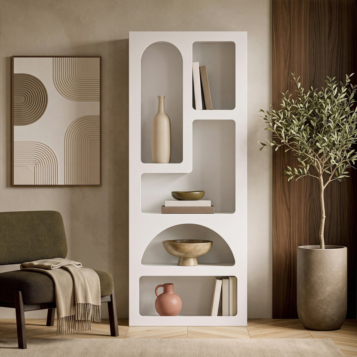 Weisses Bücherregal aus melaminbeschichteter Spanplatte mit MDF-Türen, Masse 60 x 32 x 150 cm, mit mehreren offenen Fächern für Bücher und Dekoration.