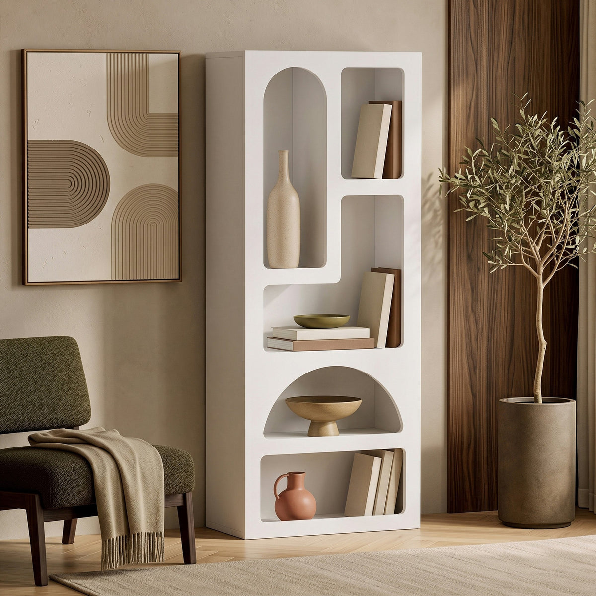 Weisses Bücherregal aus melaminbeschichteter Spanplatte mit MDF-Türen, Masse 60 x 32 x 150 cm, mit mehreren offenen Fächern für Bücher und Dekoration.