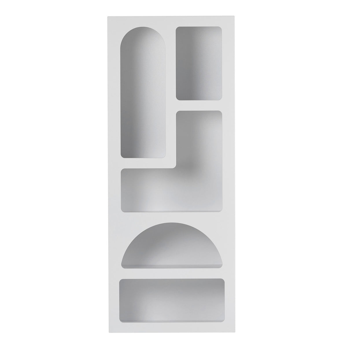 Weisses Bücherregal aus melaminbeschichteter Spanplatte mit MDF-Türen, Masse 60 x 32 x 150 cm, mit mehreren offenen Fächern für Bücher und Dekoration.