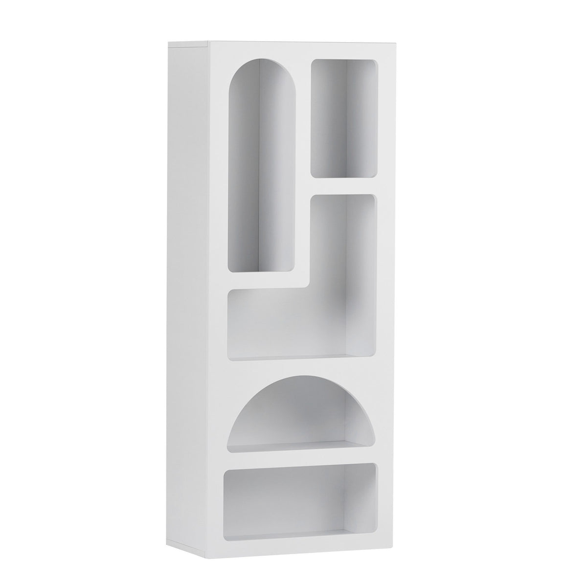 Weisses Bücherregal aus melaminbeschichteter Spanplatte mit MDF-Türen, Masse 60 x 32 x 150 cm, mit mehreren offenen Fächern für Bücher und Dekoration.