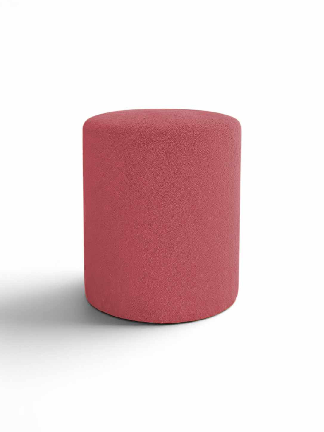Runder Pouf in Altrosa mit Wellsoft-Stoffbezug, Kunststoffbeinen und Sitzfläche aus melaminbeschichteter Spanplatte, Durchmesser 40 cm.